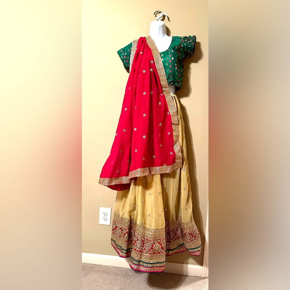 Green Blouse, Red Dupatta and Yellow Lehenga - Women Lehengas